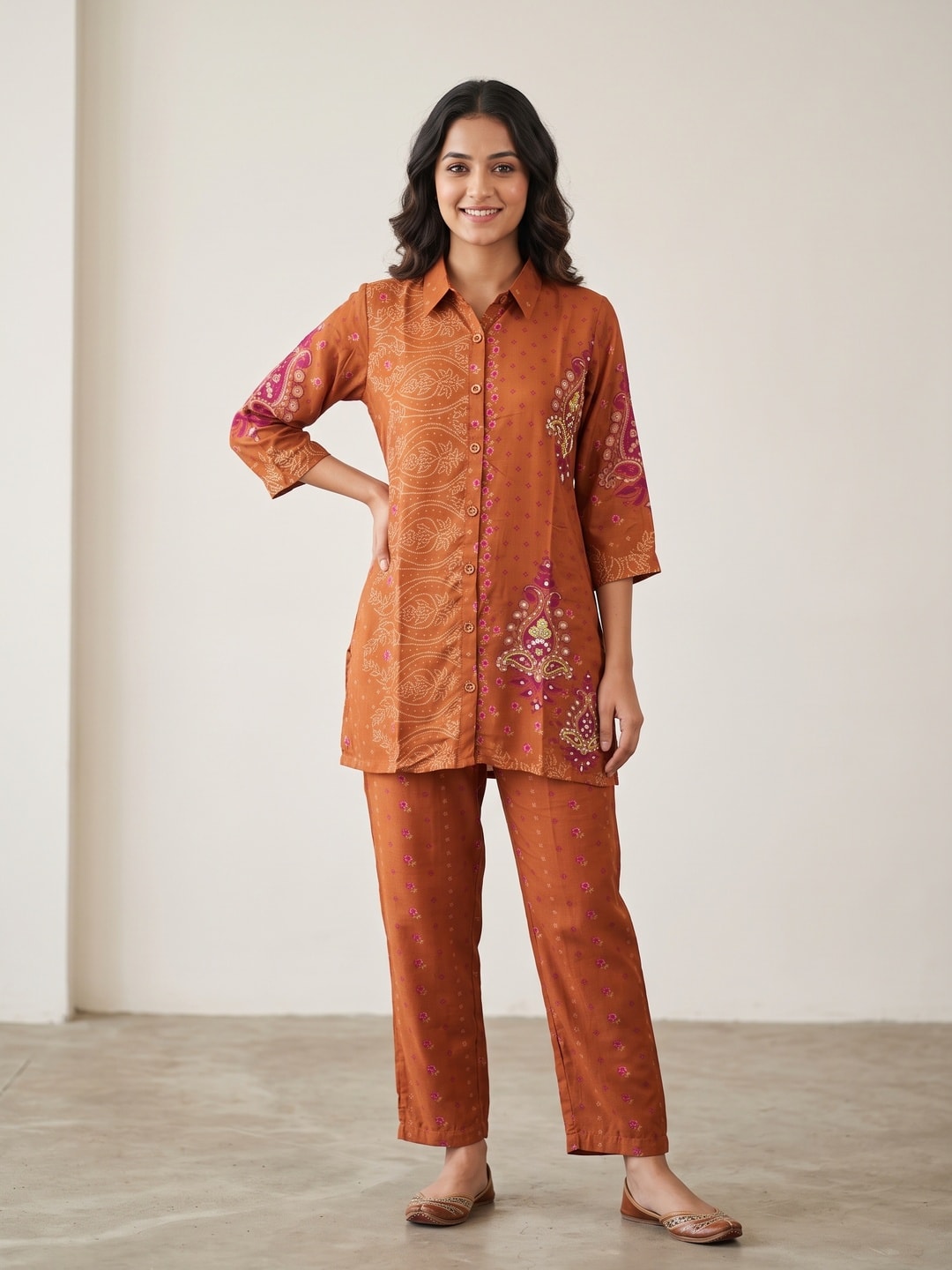 Peachmode Rust Pure Muslin Printed Co-ord Set with Paisley Handwork - Image 1