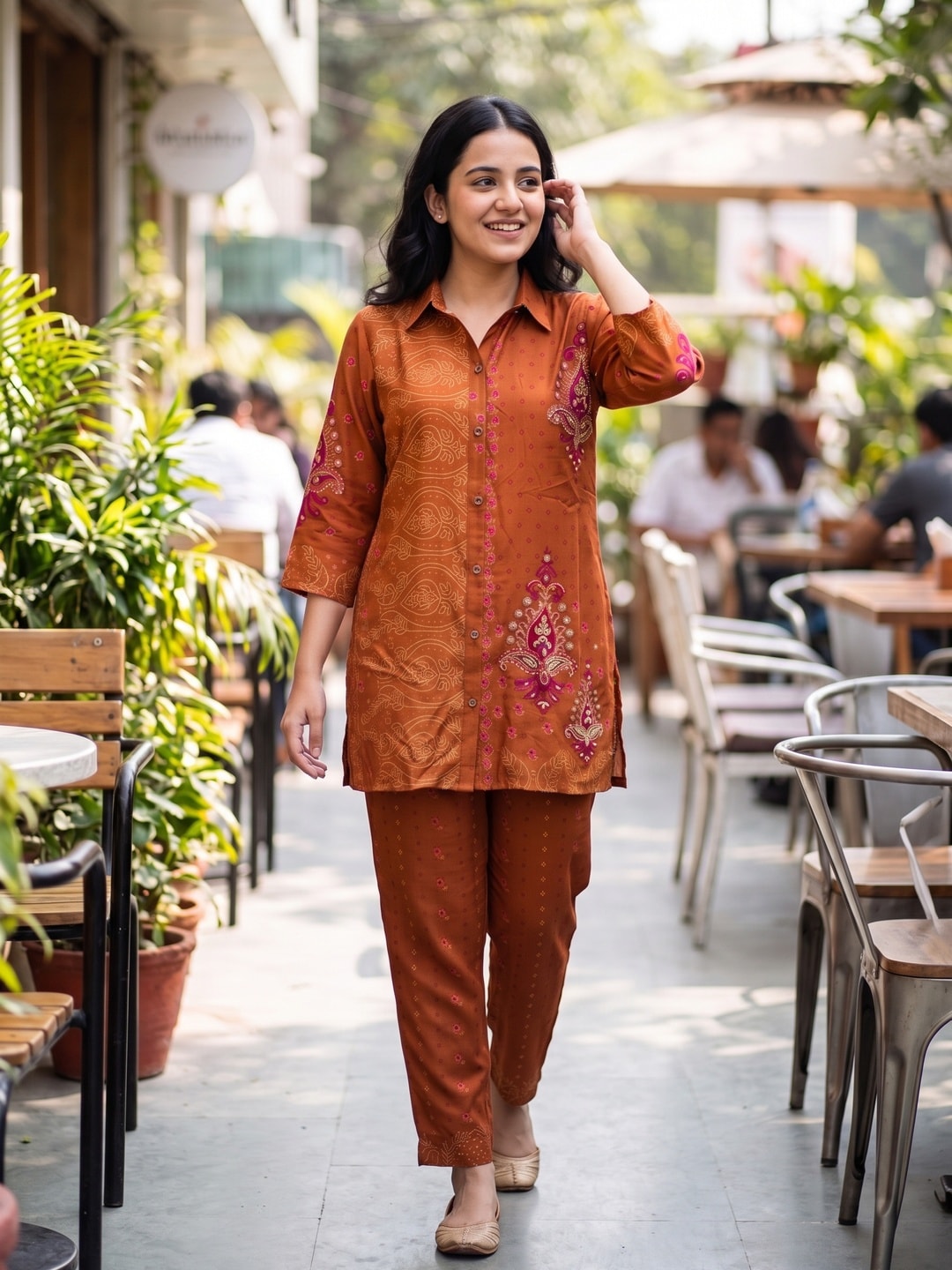 Peachmode Rust Pure Muslin Printed Co-ord Set with Paisley Handwork - Image 2