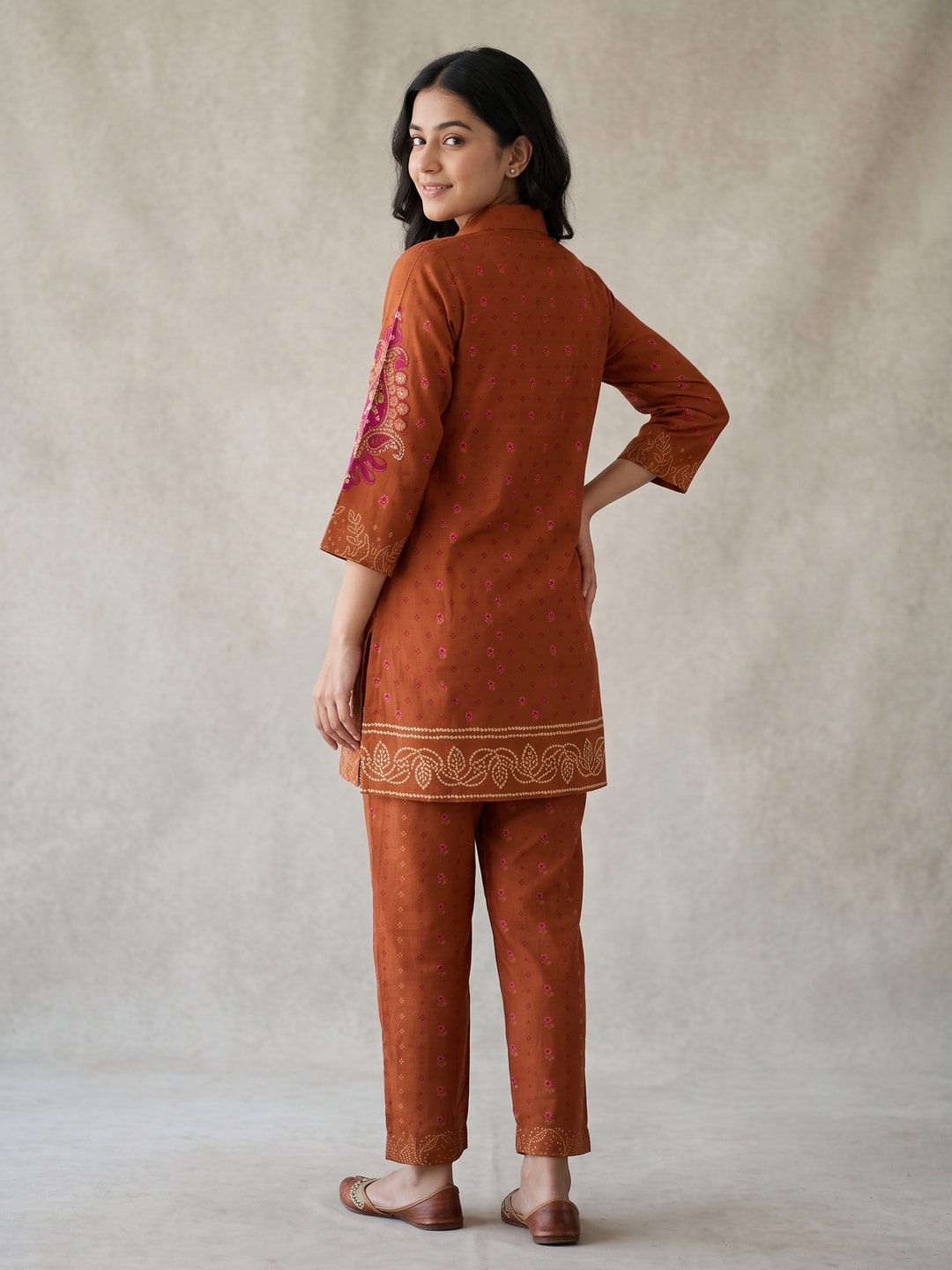 Peachmode Rust Pure Muslin Printed Co-ord Set with Paisley Handwork - Image 4