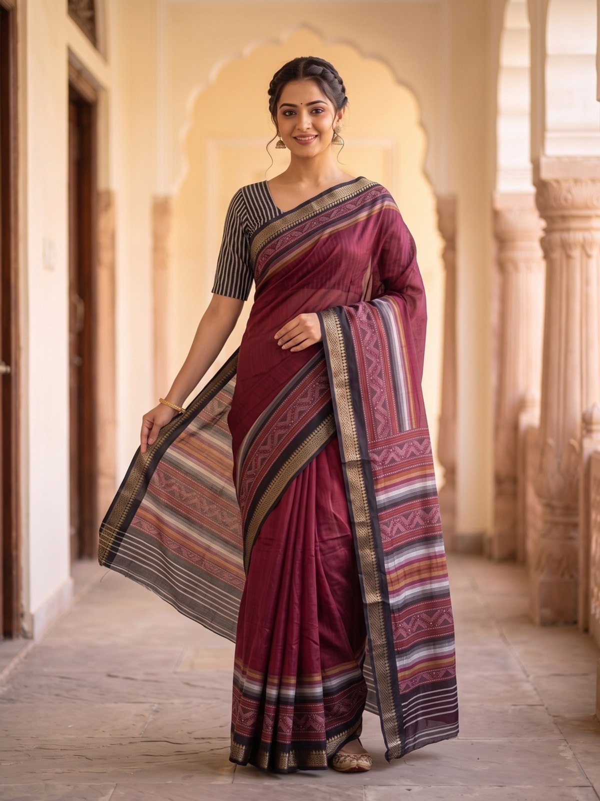 Peachmode Maroon Maheshwari Silk Saree With Zari Border And Striped Woven Pallu - Image 1