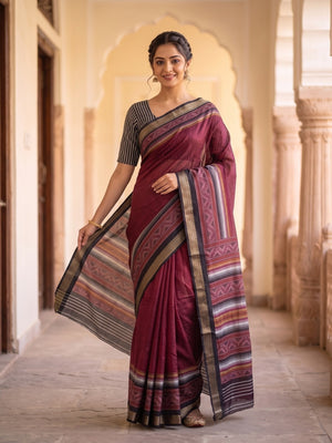 Peachmode Maroon Maheshwari Silk Saree With Zari Border And Striped Woven Pallu - Image 1