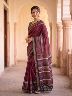 Peachmode Maroon Maheshwari Silk Saree With Zari Border And Striped Woven Pallu - Image 2