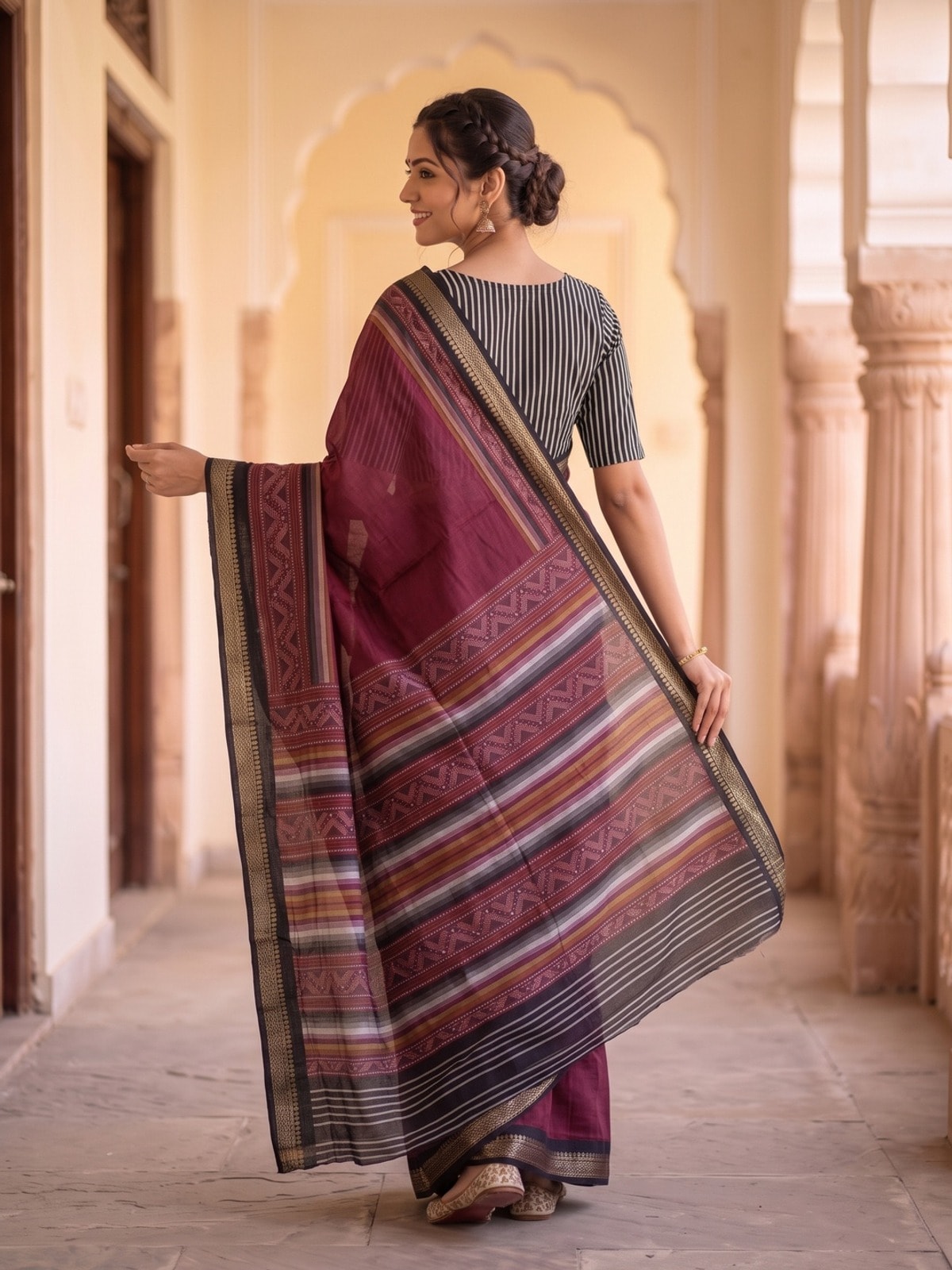 Peachmode Maroon Maheshwari Silk Saree With Zari Border And Striped Woven Pallu - Image 4