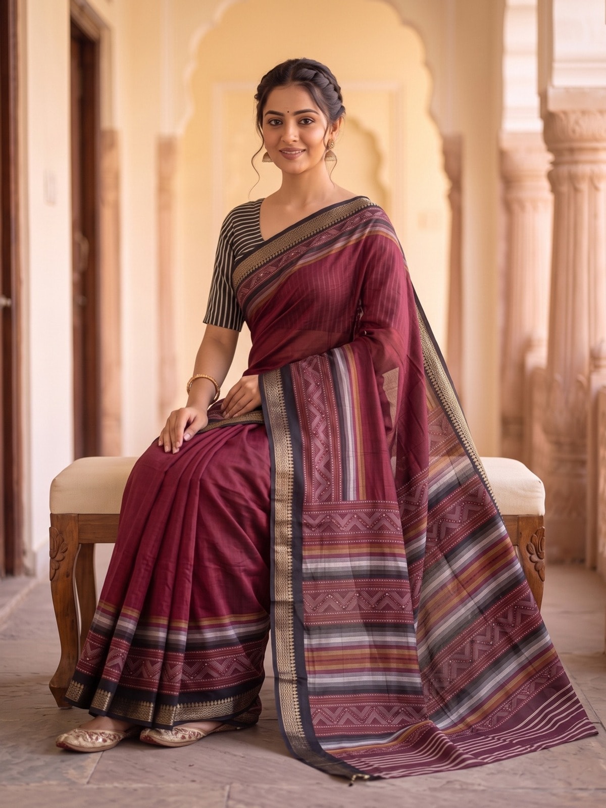 Peachmode Maroon Maheshwari Silk Saree With Zari Border And Striped Woven Pallu - Image 5
