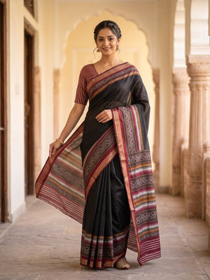 Peachmode Black Maheshwari Silk Saree With Zari Border And Striped Woven Pallu - Image 1