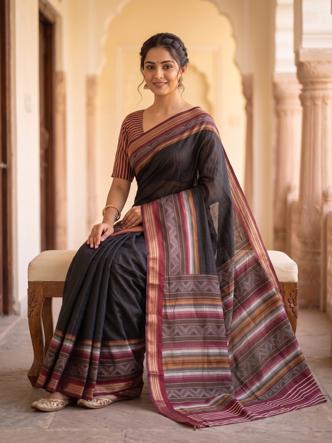 Peachmode Black Maheshwari Silk Saree With Zari Border And Striped Woven Pallu - Image 5
