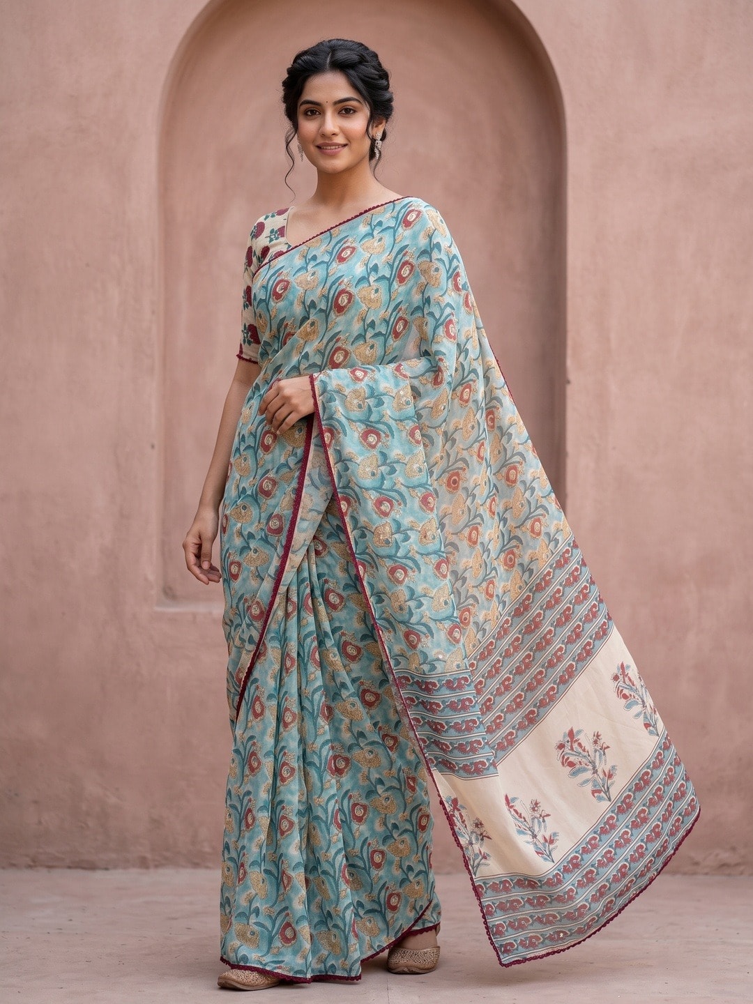Peachmode Sea Green Floral Printed Georgette Saree With Abla Mirror Work And Lace Border - Image 1