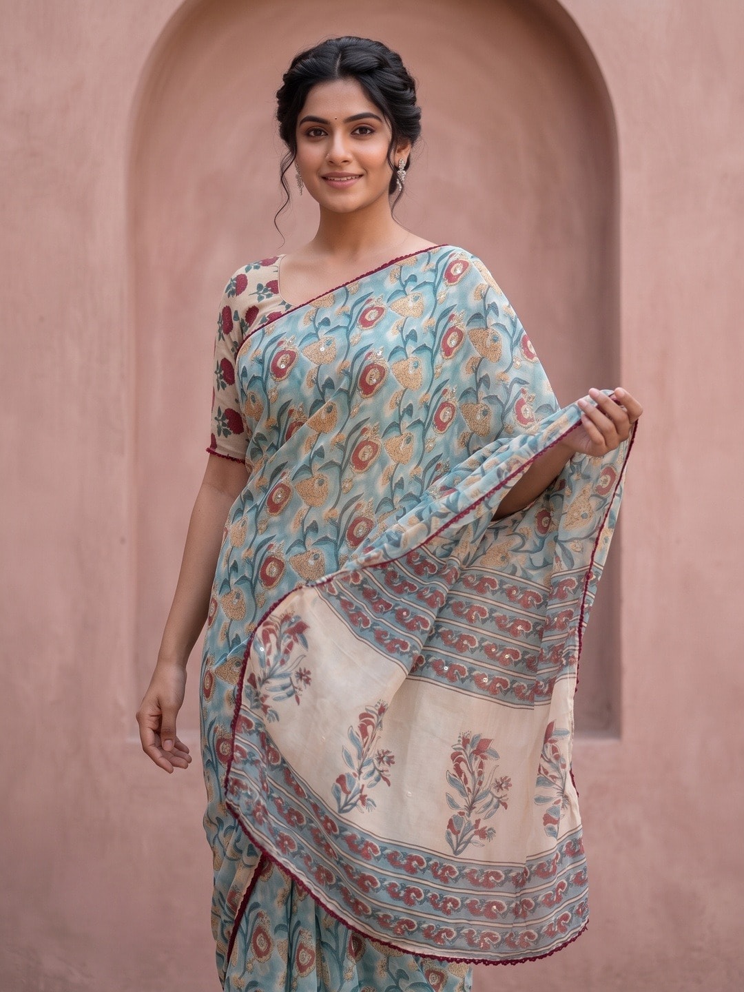 Peachmode Sea Green Floral Printed Georgette Saree With Abla Mirror Work And Lace Border - Image 3