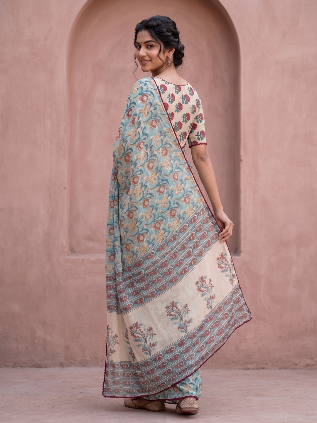 Peachmode Sea Green Floral Printed Georgette Saree With Abla Mirror Work And Lace Border - Image 4