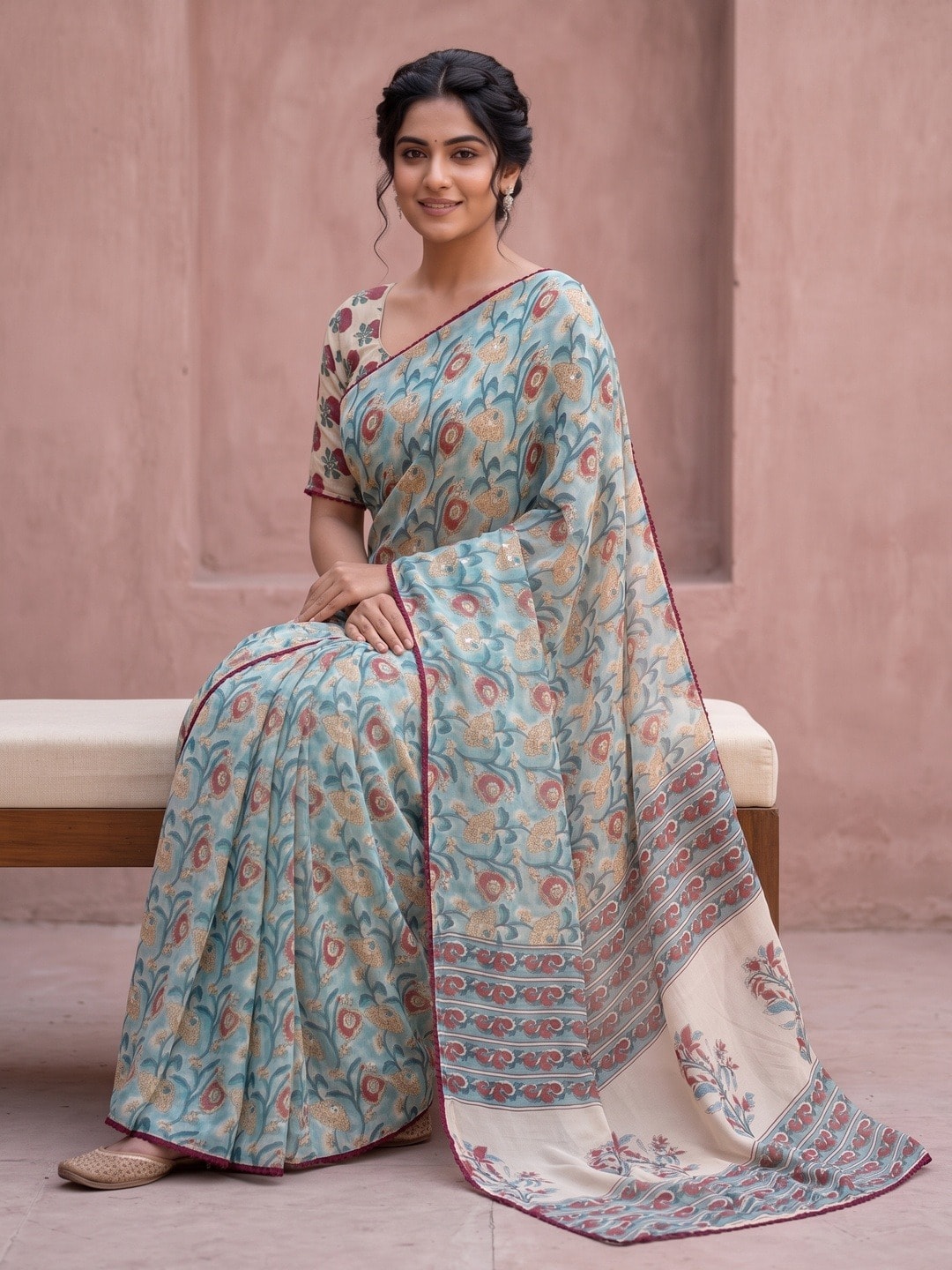 Peachmode Sea Green Floral Printed Georgette Saree With Abla Mirror Work And Lace Border - Image 5