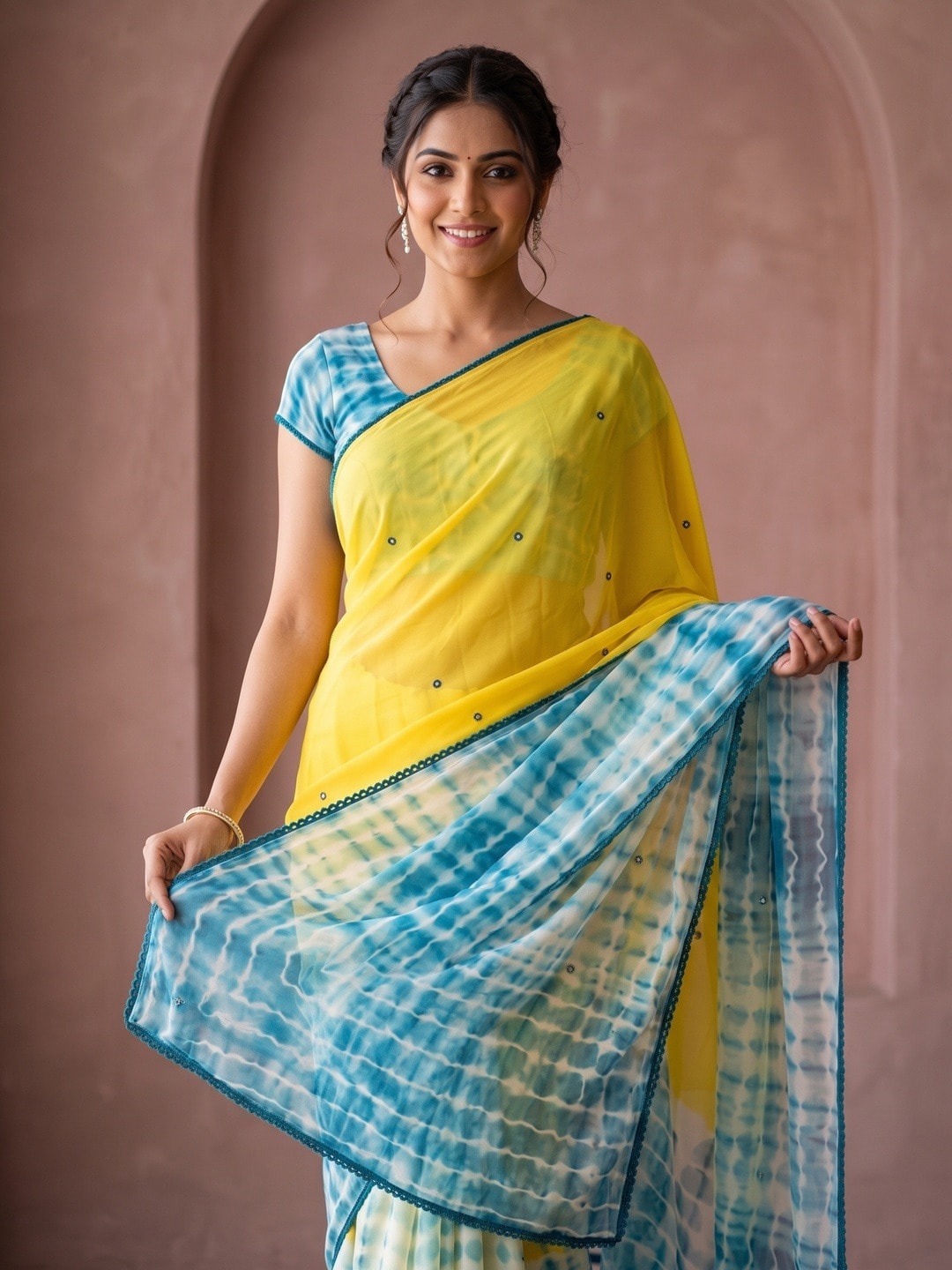 Peachmode Yellow Tie Dye Georgette Saree With Abla Mirror Work And Lace Border - Image 3