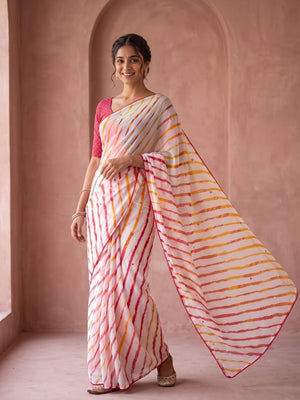 Peachmode White Leheriya Georgette Saree With Abla Mirror Work And Lace Border - Image 1