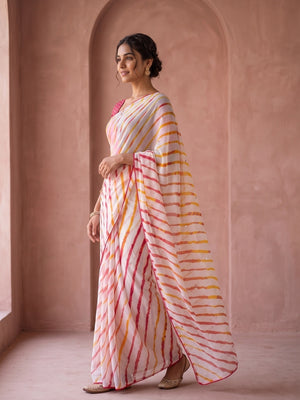 Peachmode White Leheriya Georgette Saree With Abla Mirror Work And Lace Border - Image 2