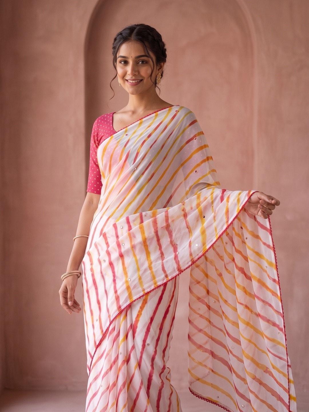 Peachmode White Leheriya Georgette Saree With Abla Mirror Work And Lace Border - Image 3