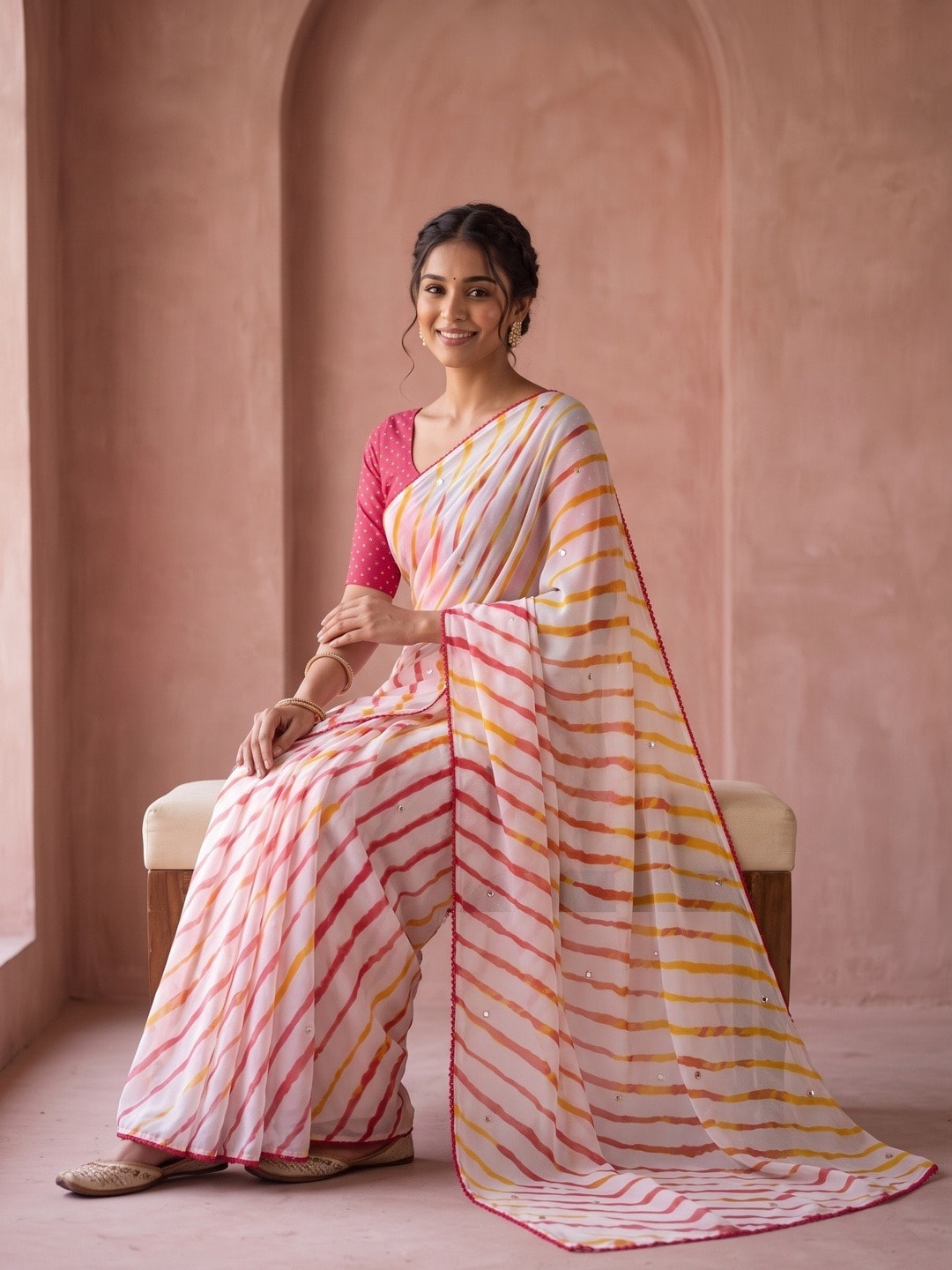 Peachmode White Leheriya Georgette Saree With Abla Mirror Work And Lace Border - Image 5