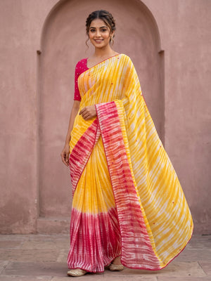 Peachmode Multicolor Shibori Tie Dye Georgette Saree With Abla Mirror Work And Lace Border - Image 1