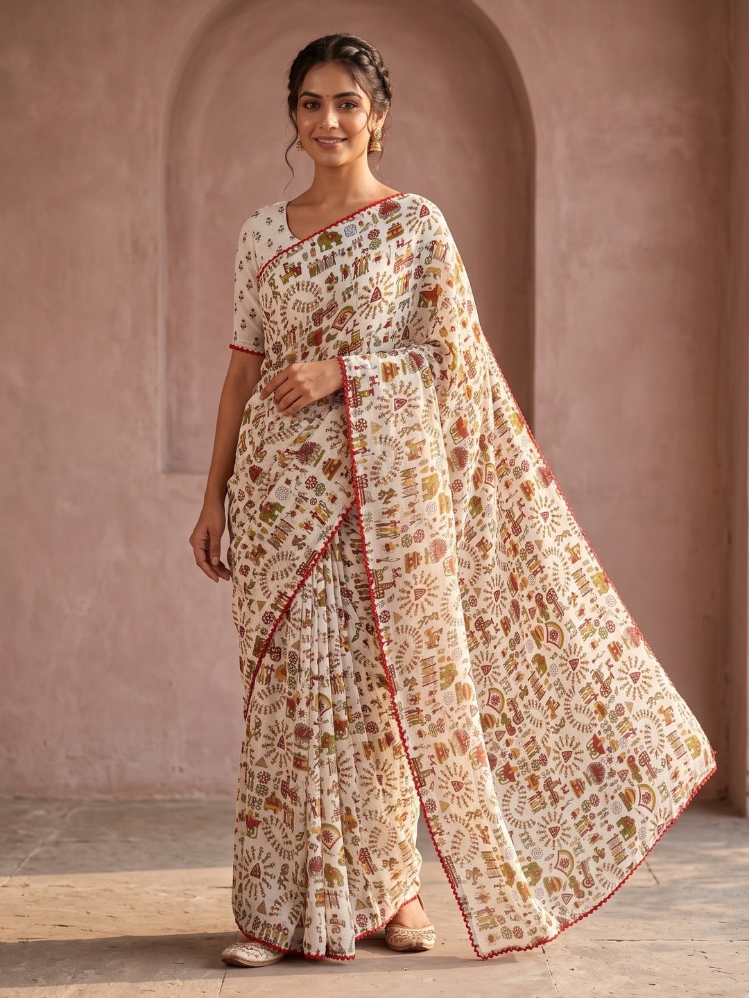 Peachmode White Ethnic Floral Printed Georgette Saree With Abla Mirror Work And Lace Border - Image 1