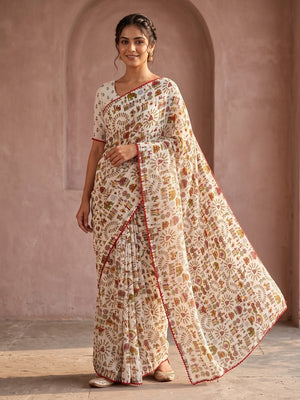 Peachmode White Ethnic Floral Printed Georgette Saree With Abla Mirror Work And Lace Border - Image 1