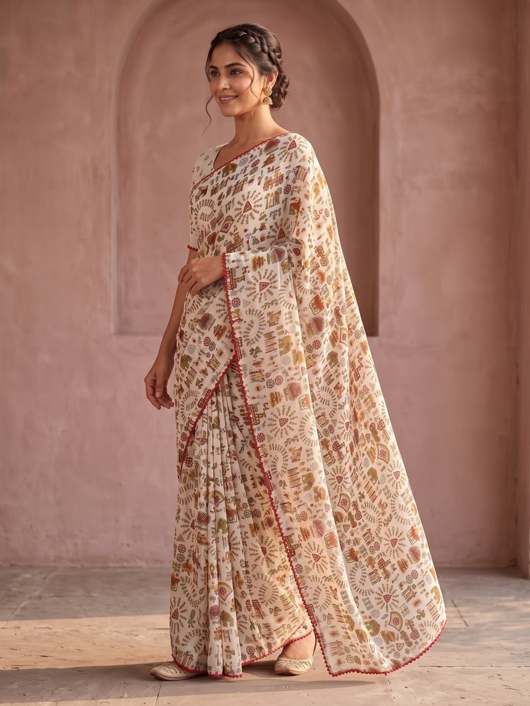 Peachmode White Ethnic Floral Printed Georgette Saree With Abla Mirror Work And Lace Border - Image 2