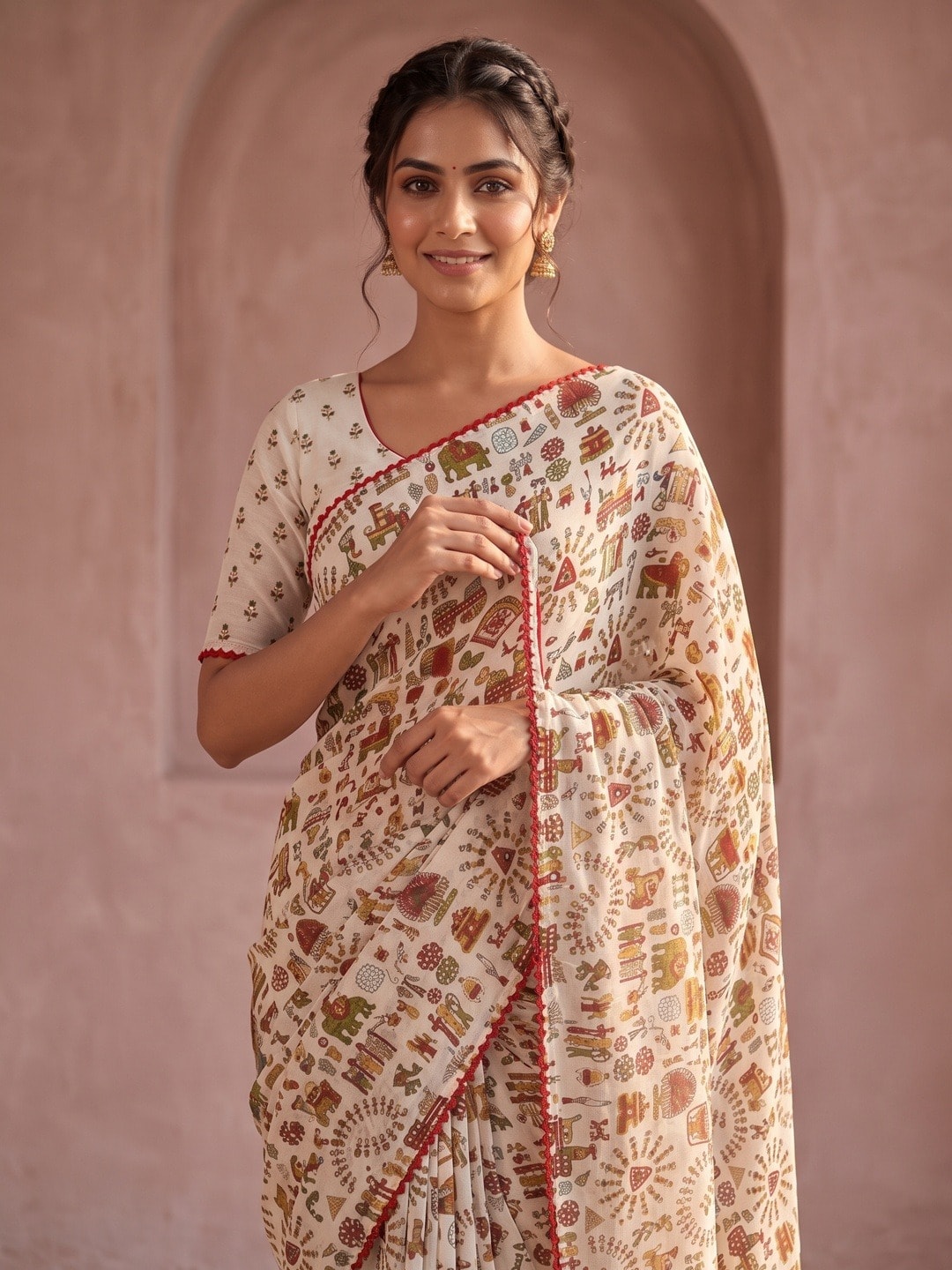 Peachmode White Ethnic Floral Printed Georgette Saree With Abla Mirror Work And Lace Border - Image 3