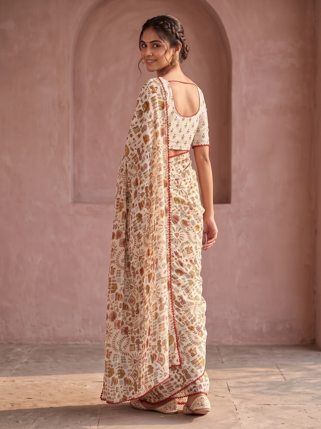 Peachmode White Ethnic Floral Printed Georgette Saree With Abla Mirror Work And Lace Border - Image 4