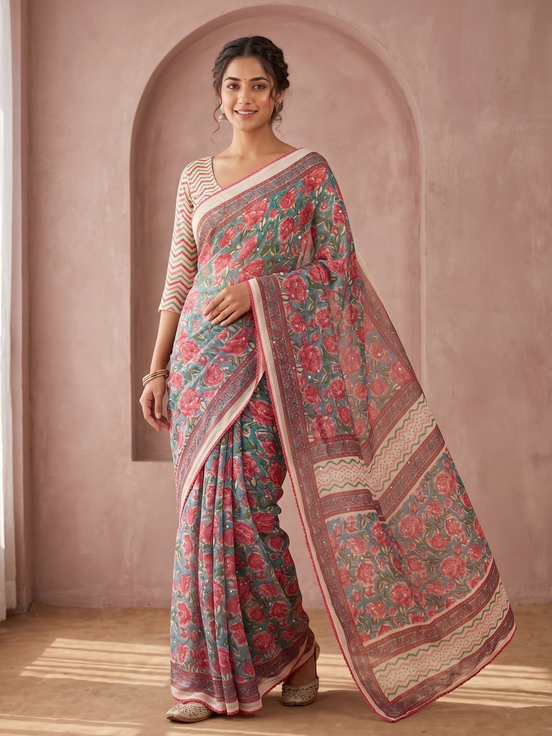 Peachmode Pink Floral Printed Georgette Saree With Abla Mirror Work And Lace Border - Image 1