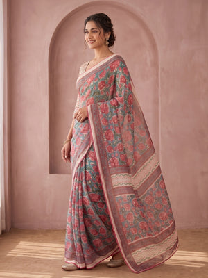 Peachmode Pink Floral Printed Georgette Saree With Abla Mirror Work And Lace Border - Image 2