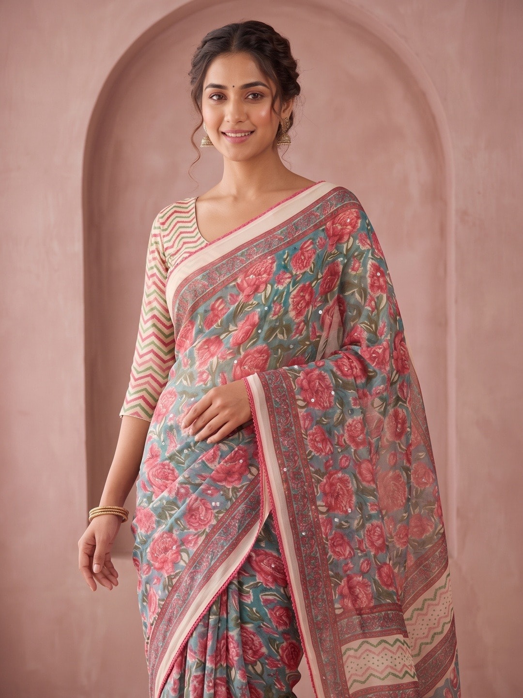 Peachmode Pink Floral Printed Georgette Saree With Abla Mirror Work And Lace Border - Image 3