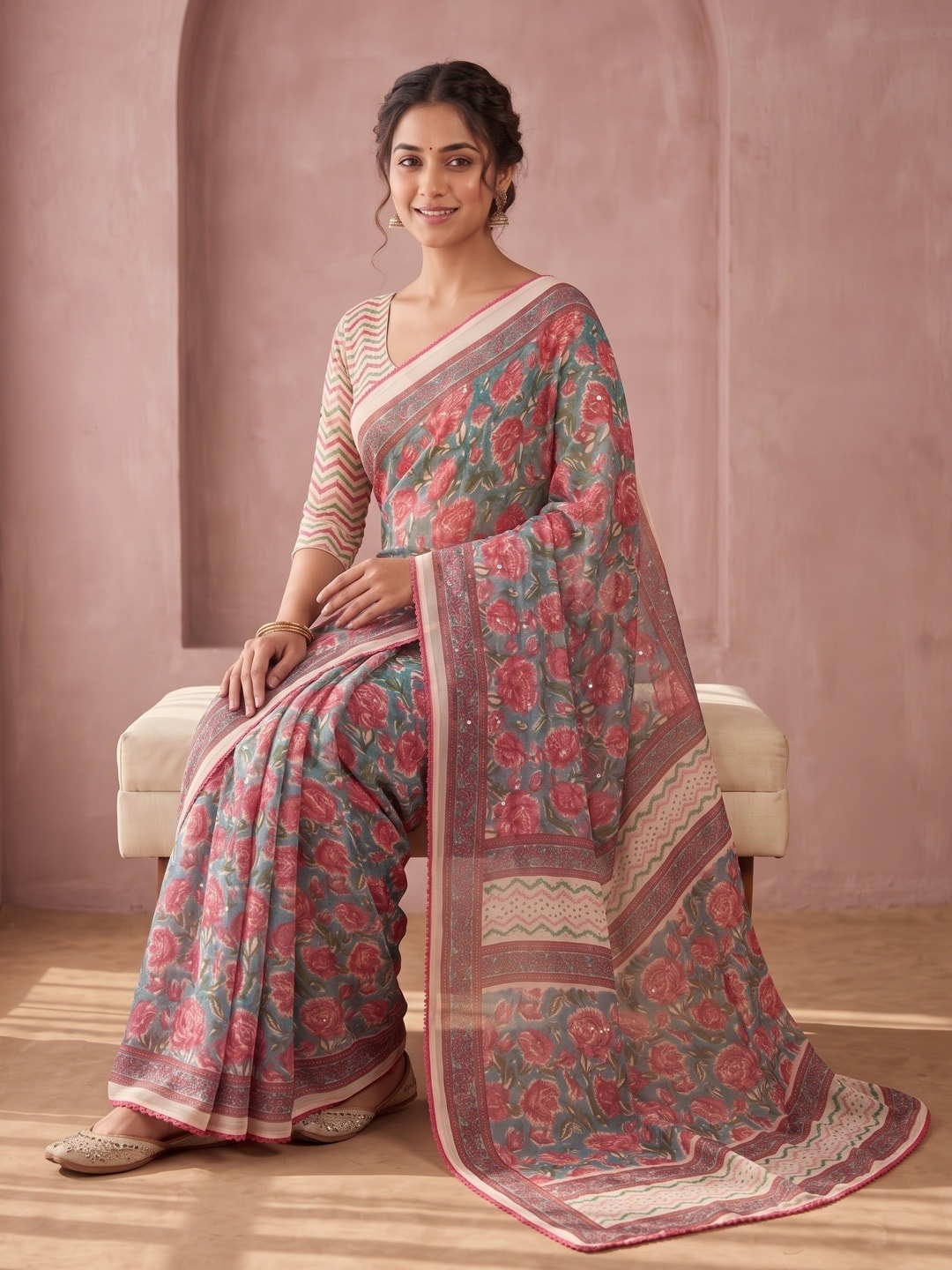 Peachmode Pink Floral Printed Georgette Saree With Abla Mirror Work And Lace Border - Image 5