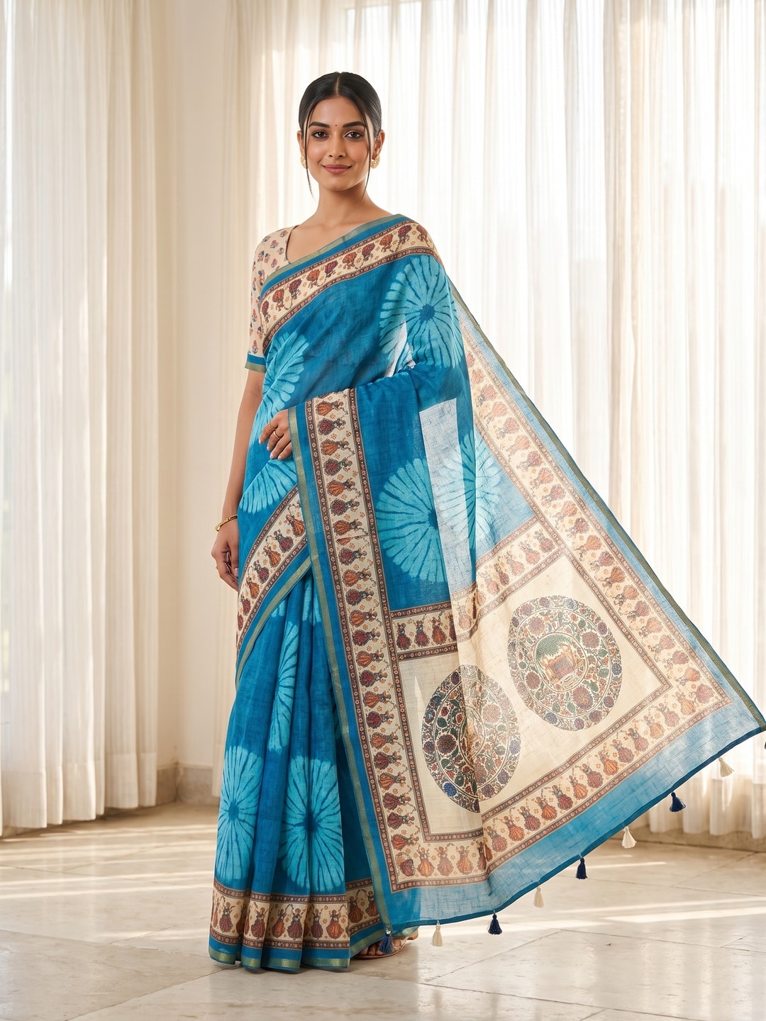 Peachmode Sky Blue Tie Dye Printed Linen Saree With Zari Border - Image 1