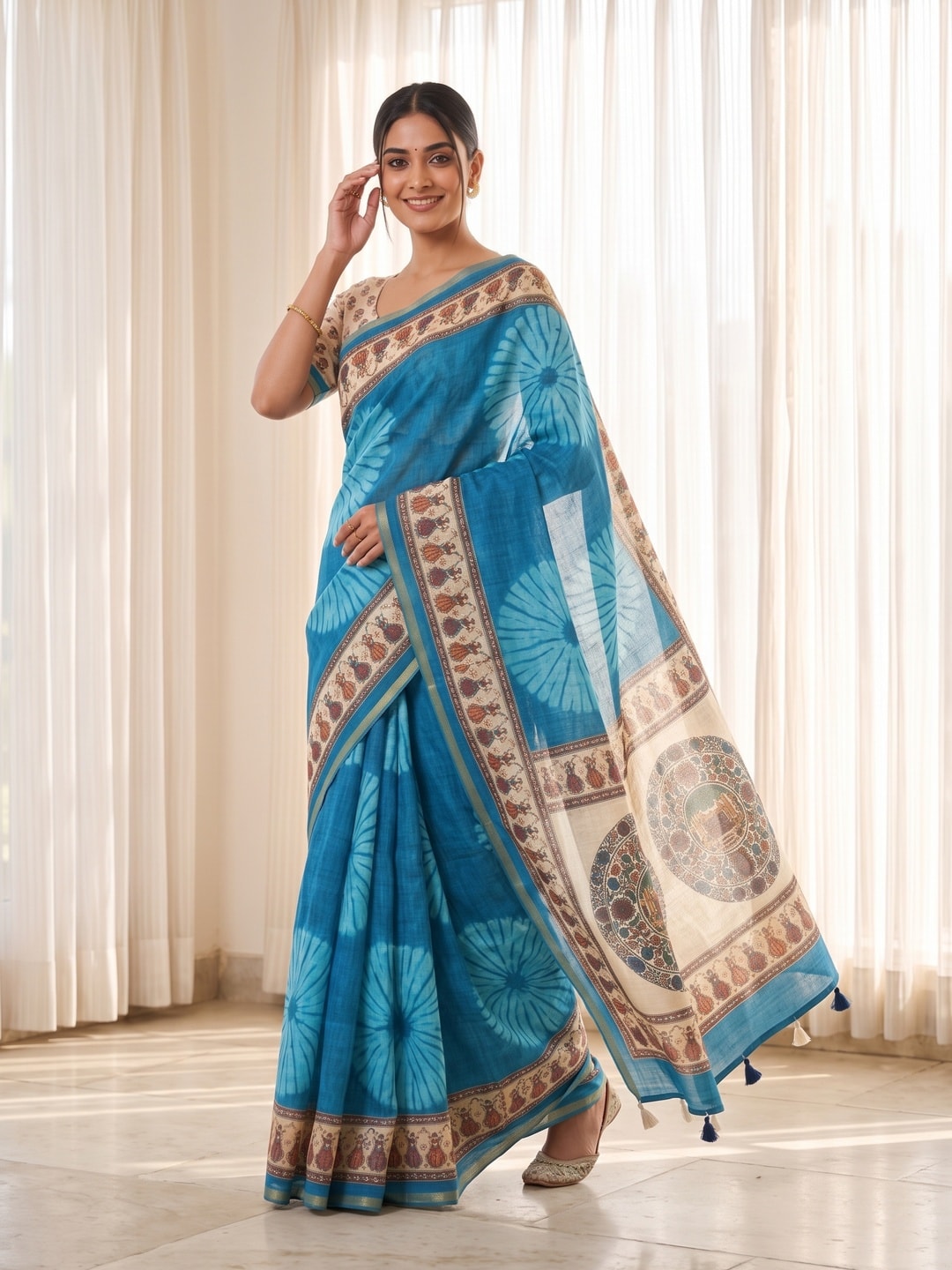 Peachmode Sky Blue Tie Dye Printed Linen Saree With Zari Border - Image 2