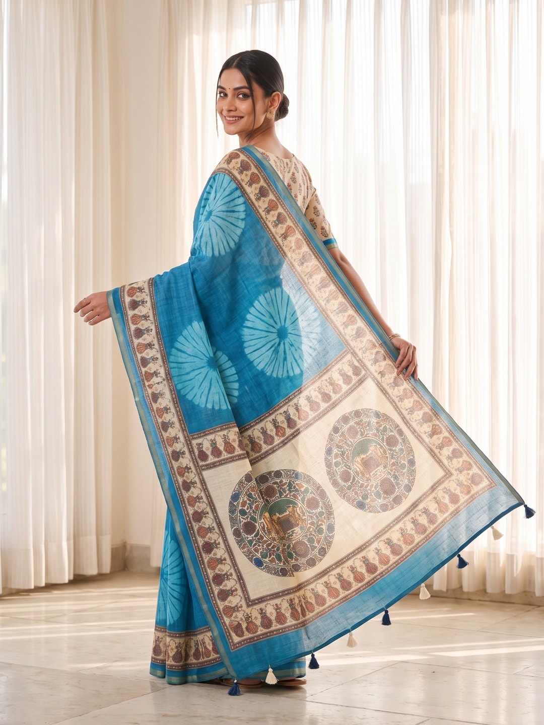 Peachmode Sky Blue Tie Dye Printed Linen Saree With Zari Border - Image 4