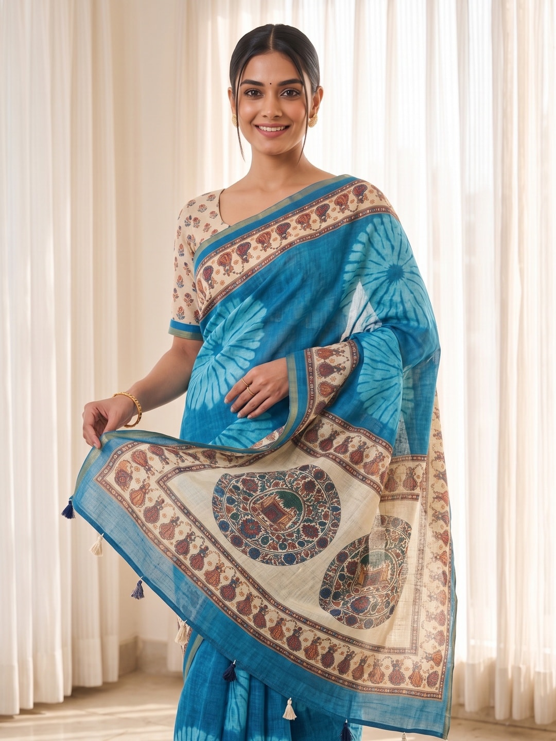 Peachmode Sky Blue Tie Dye Printed Linen Saree With Zari Border - Image 5