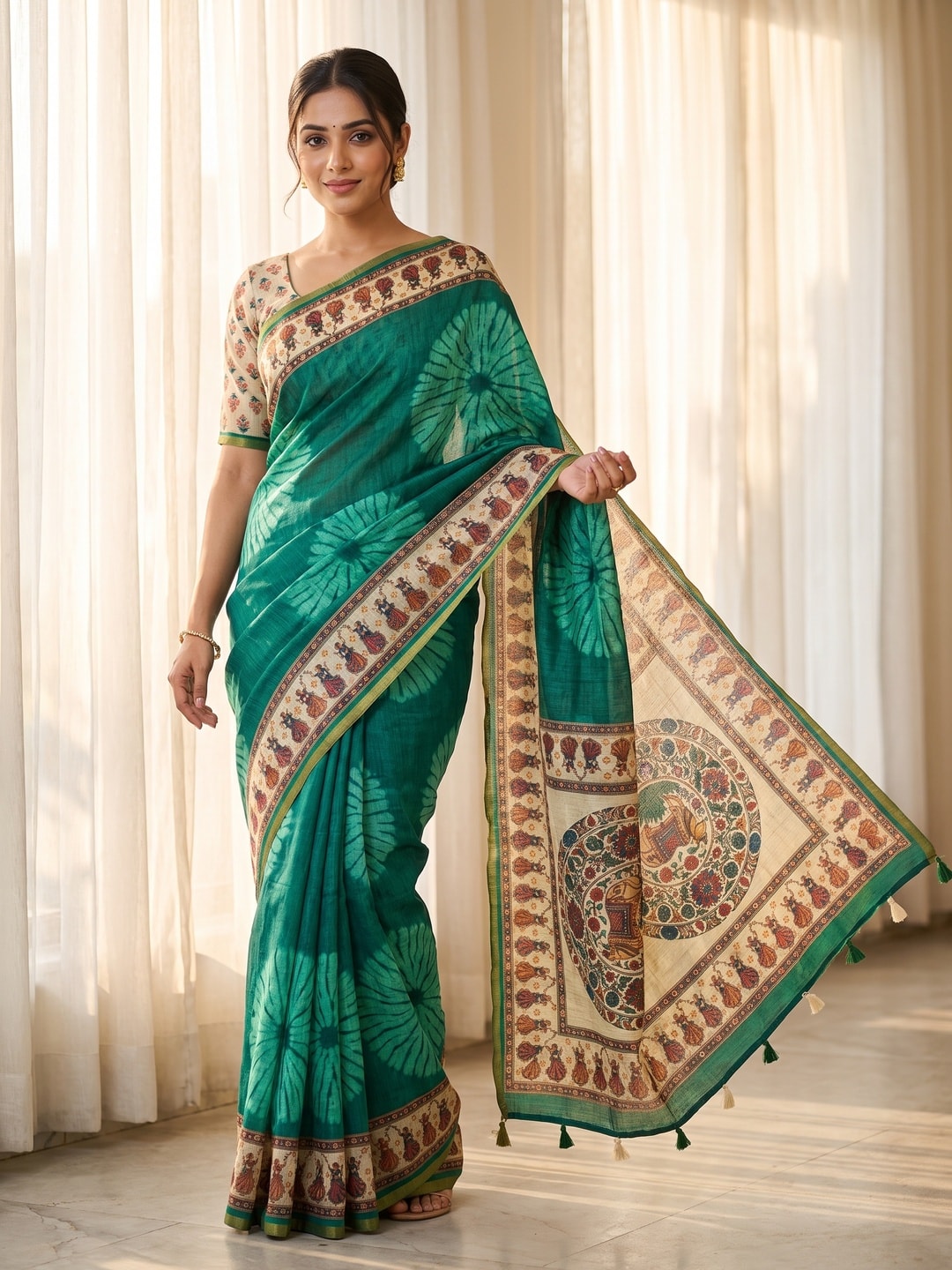 Peachmode Green Tie Dye Printed Linen Saree With Zari Border - Image 1