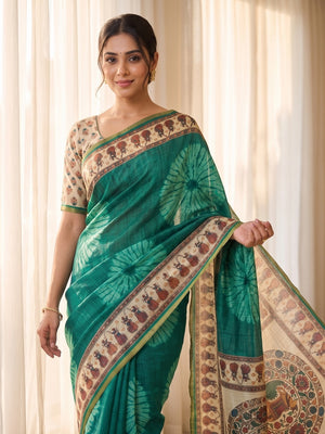 Peachmode Green Tie Dye Printed Linen Saree With Zari Border - Image 2