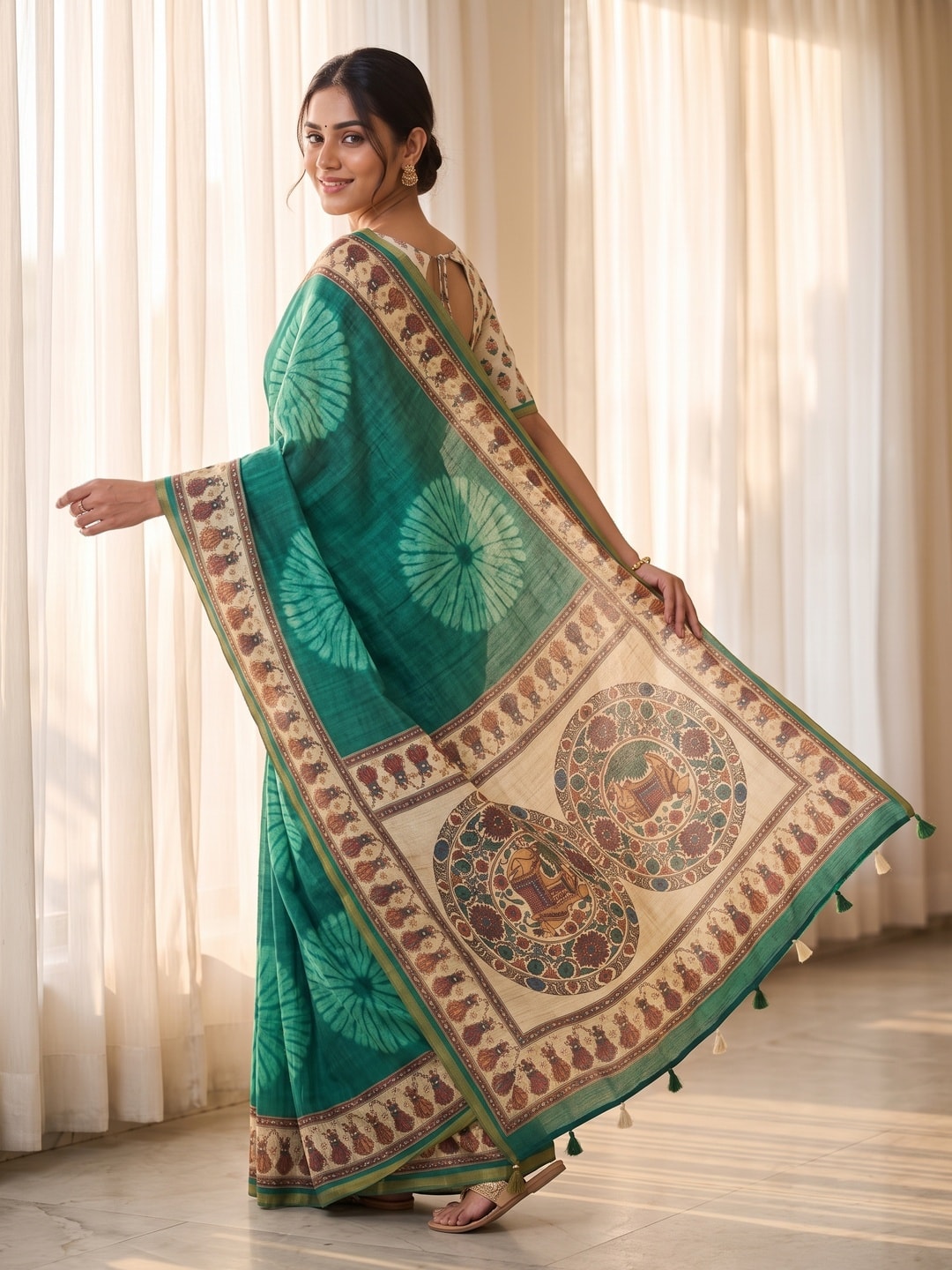 Peachmode Green Tie Dye Printed Linen Saree With Zari Border - Image 3