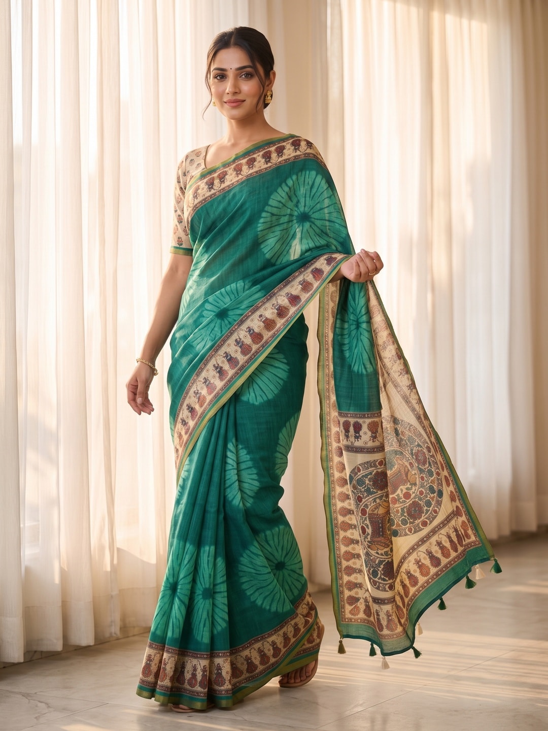 Peachmode Green Tie Dye Printed Linen Saree With Zari Border - Image 5