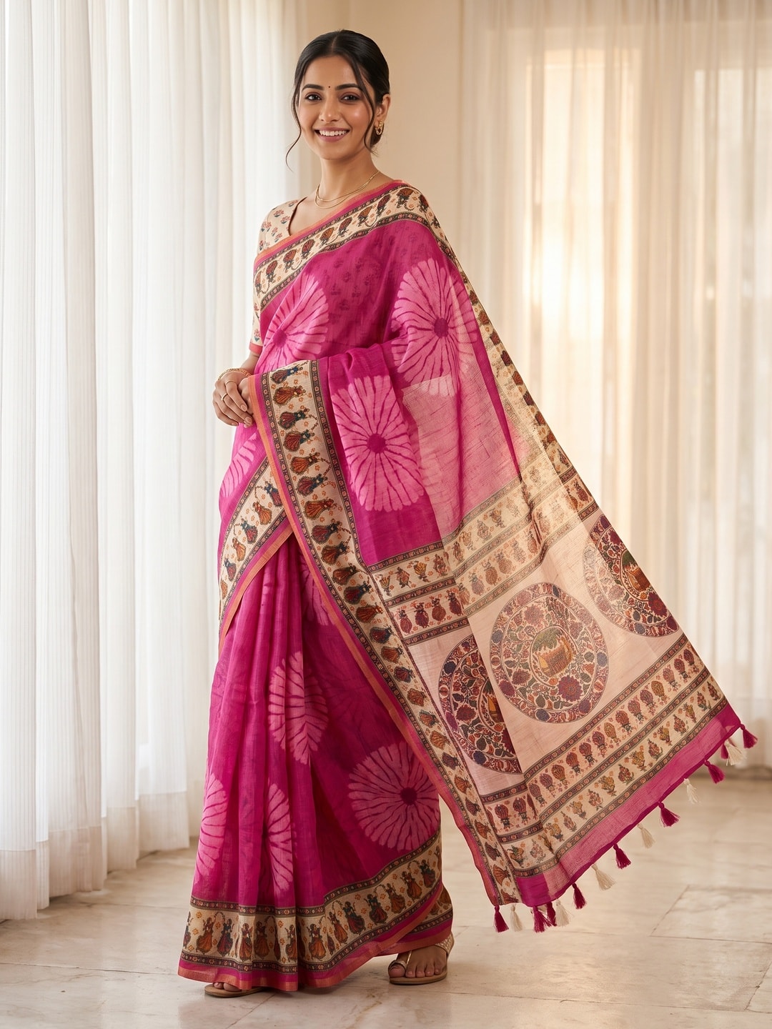Peachmode Pink Tie Dye Printed Linen Saree With Zari Border - Image 1