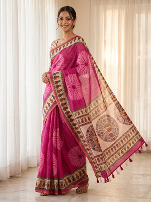 Peachmode Pink Tie Dye Printed Linen Saree With Zari Border - Image 1