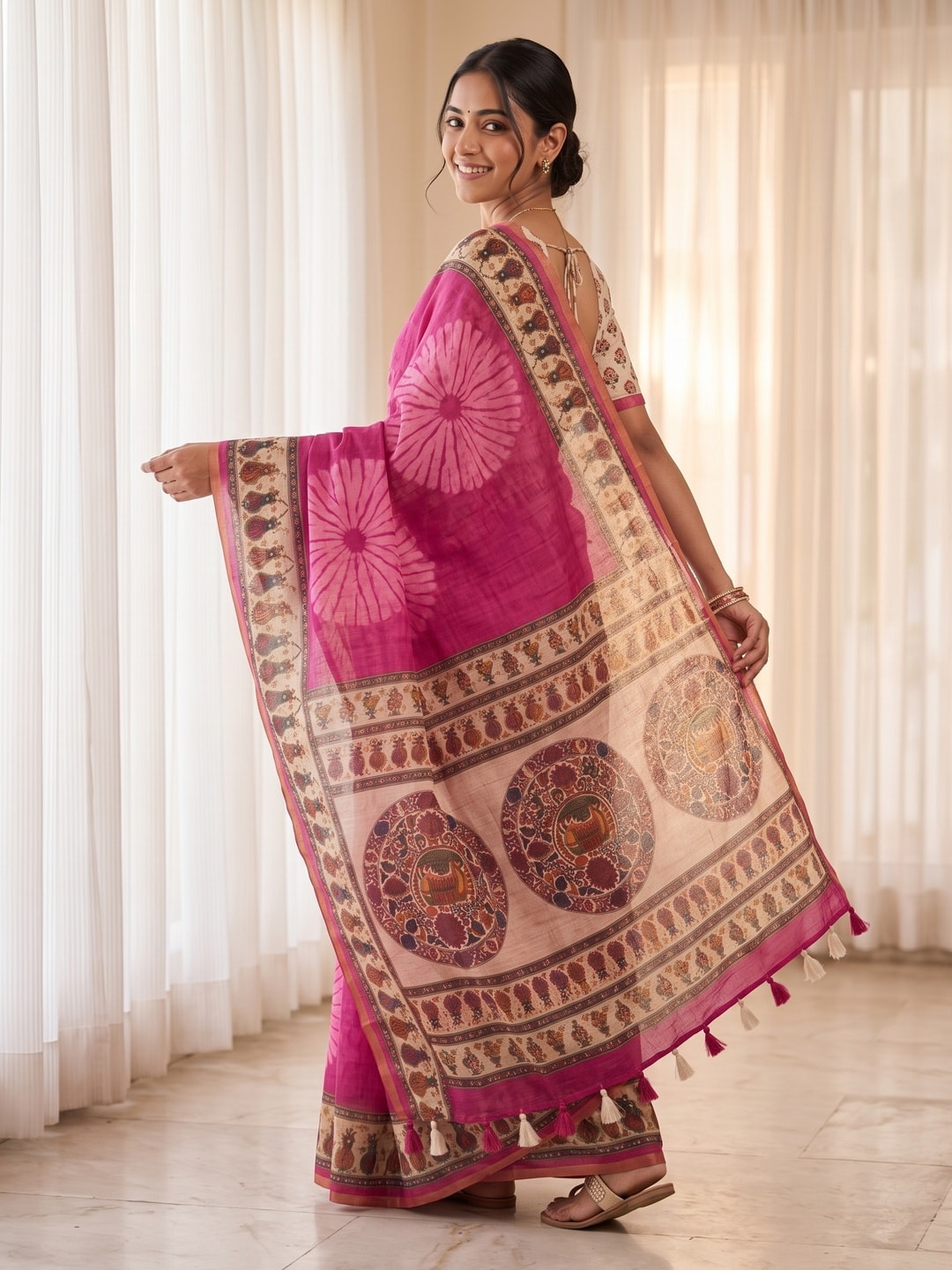Peachmode Pink Tie Dye Printed Linen Saree With Zari Border - Image 2