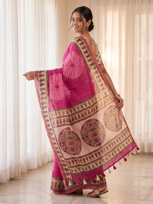 Peachmode Pink Tie Dye Printed Linen Saree With Zari Border - Image 2