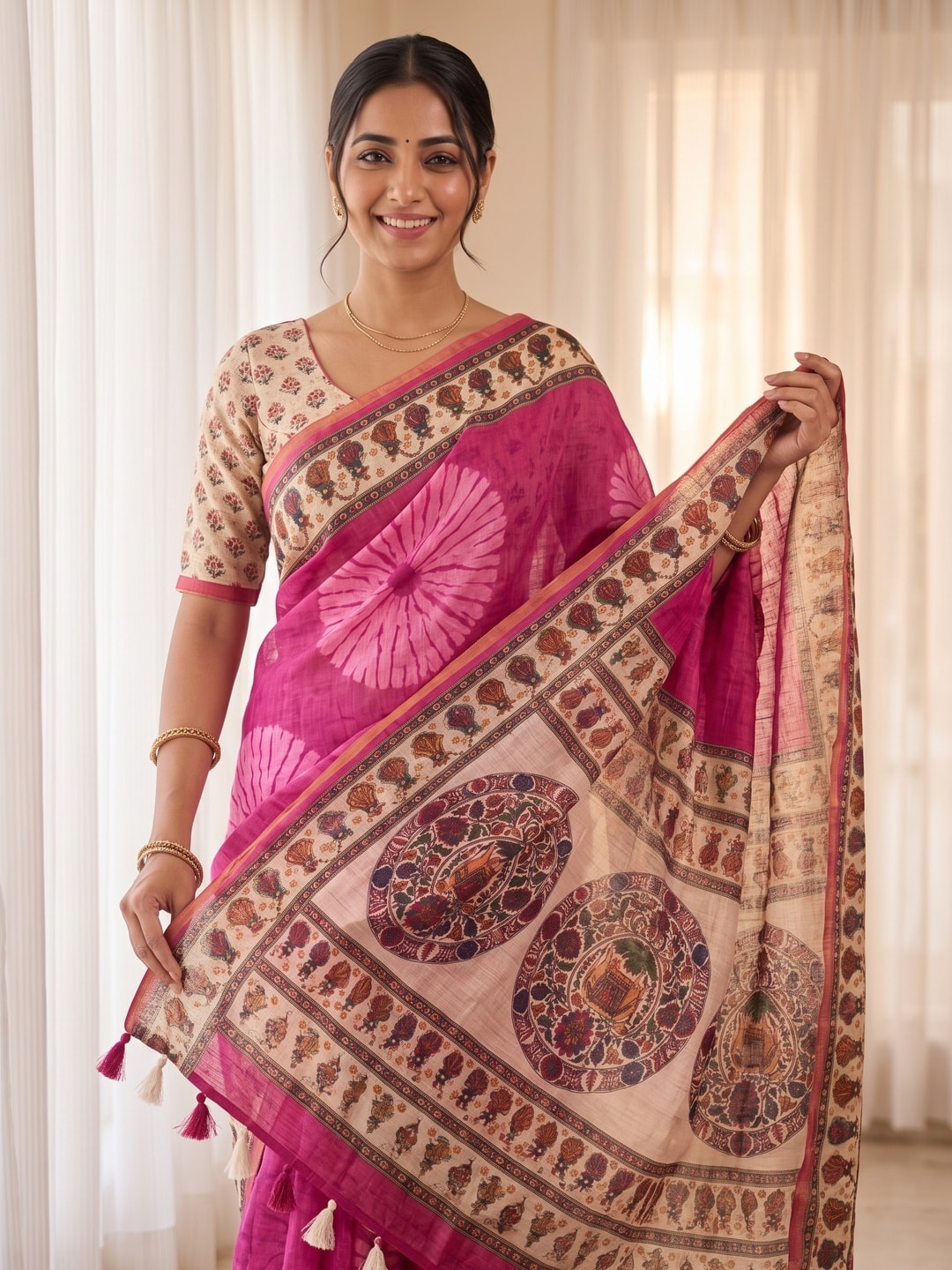 Peachmode Pink Tie Dye Printed Linen Saree With Zari Border - Image 5