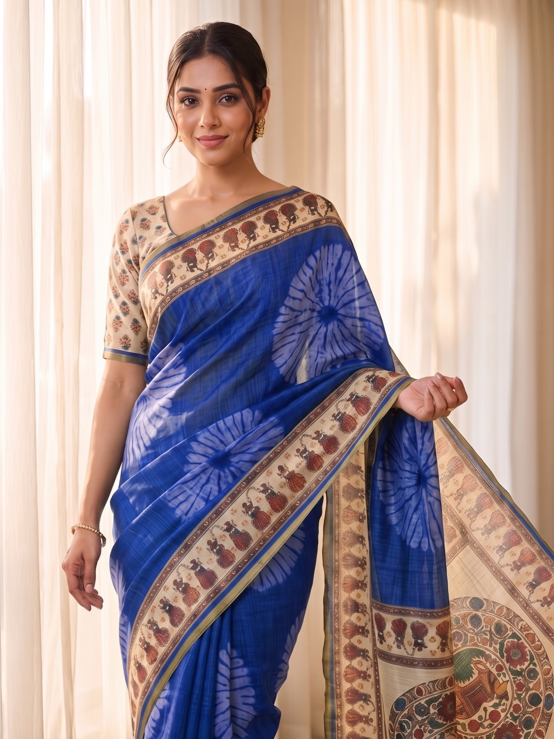 Peachmode Royal Blue Tie Dye Printed Linen Saree With Zari Border - Image 2