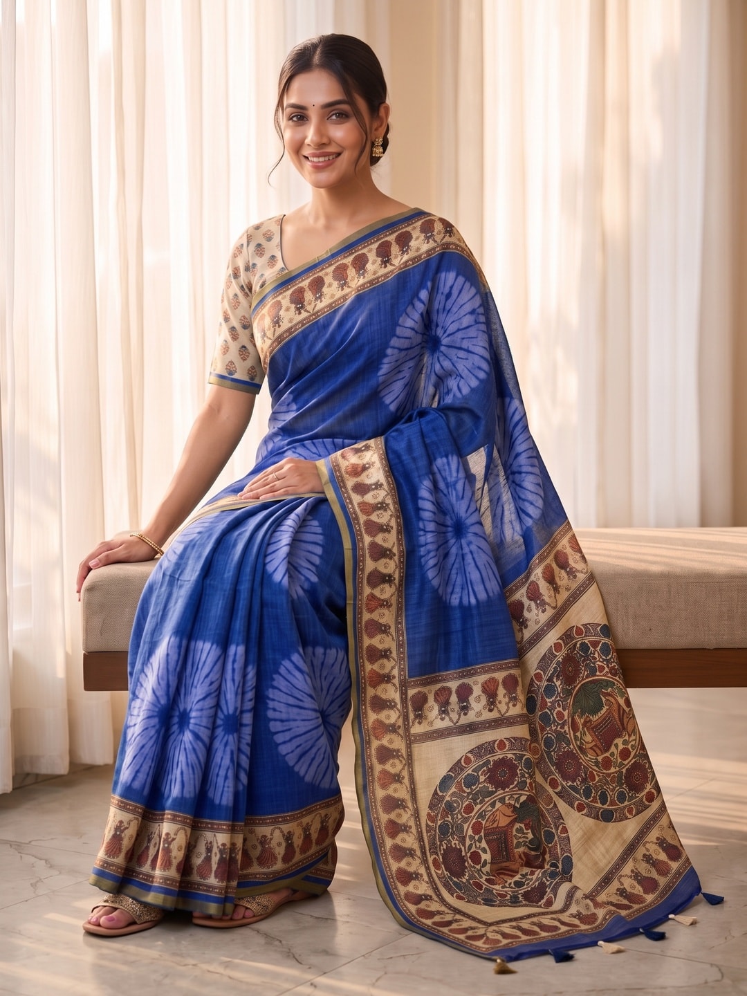 Peachmode Royal Blue Tie Dye Printed Linen Saree With Zari Border - Image 3