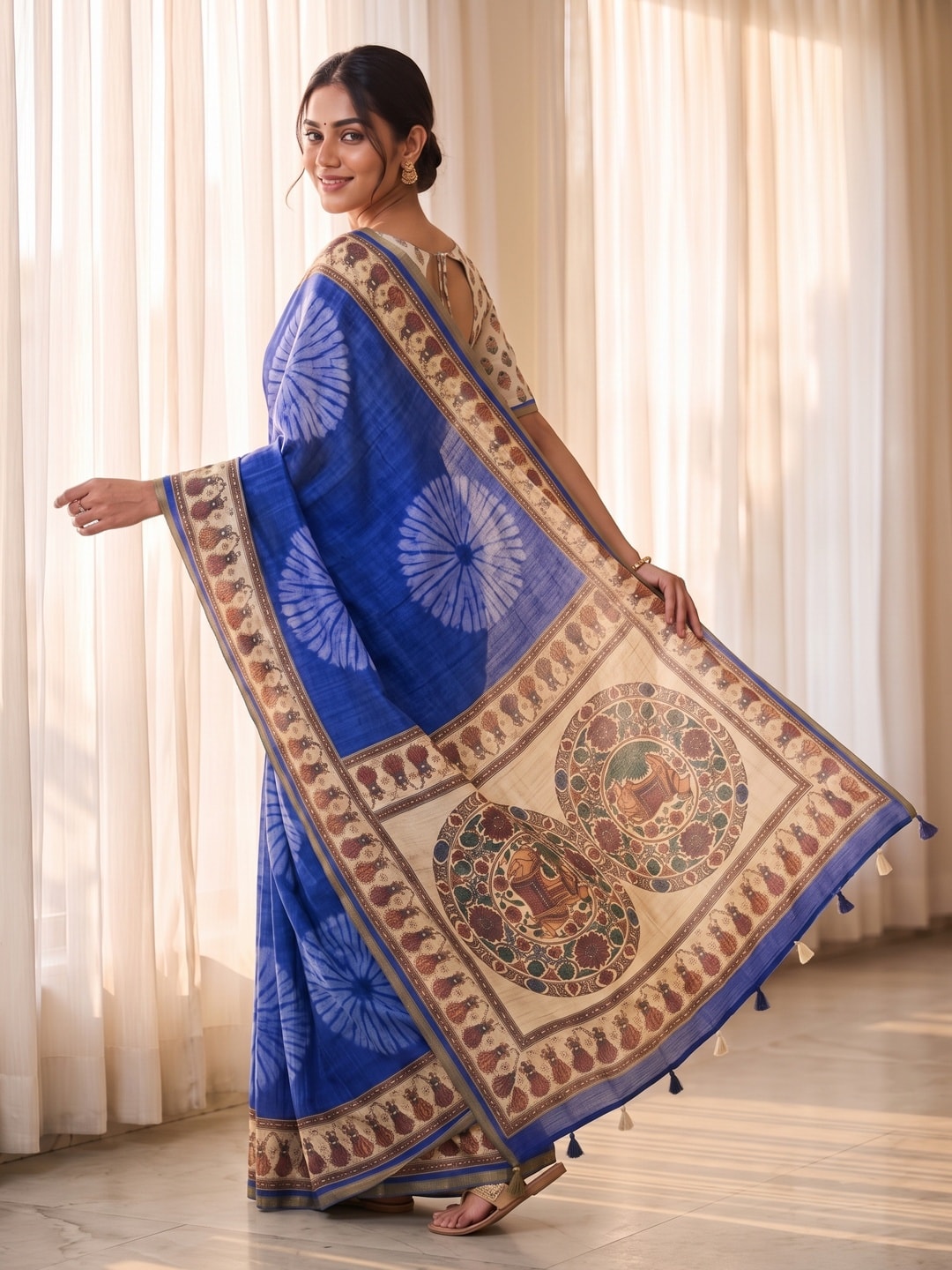 Peachmode Royal Blue Tie Dye Printed Linen Saree With Zari Border - Image 4