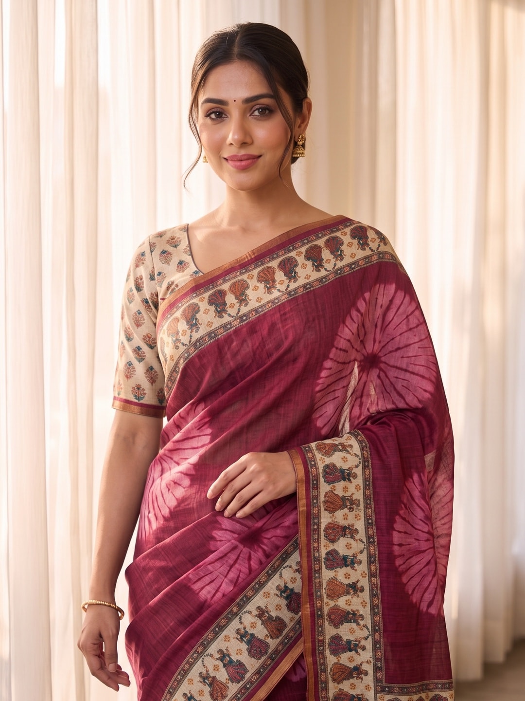 Peachmode Wine Tie Dye Printed Linen Saree With Zari Border - Image 2