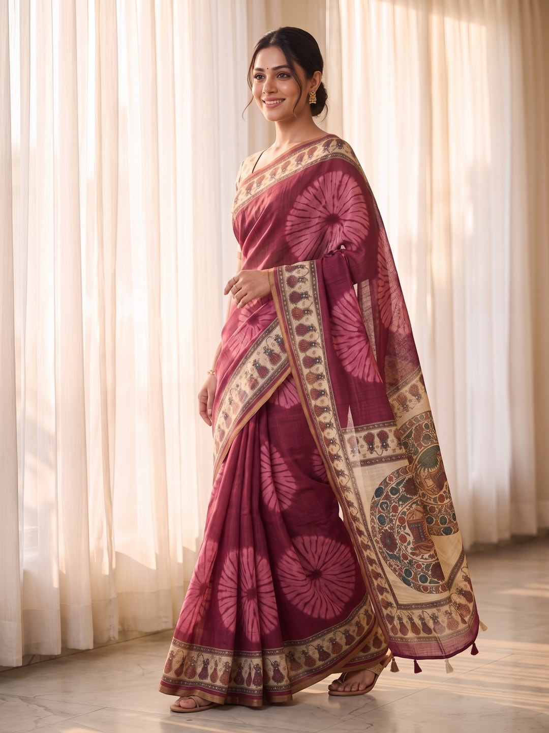 Peachmode Wine Tie Dye Printed Linen Saree With Zari Border - Image 3