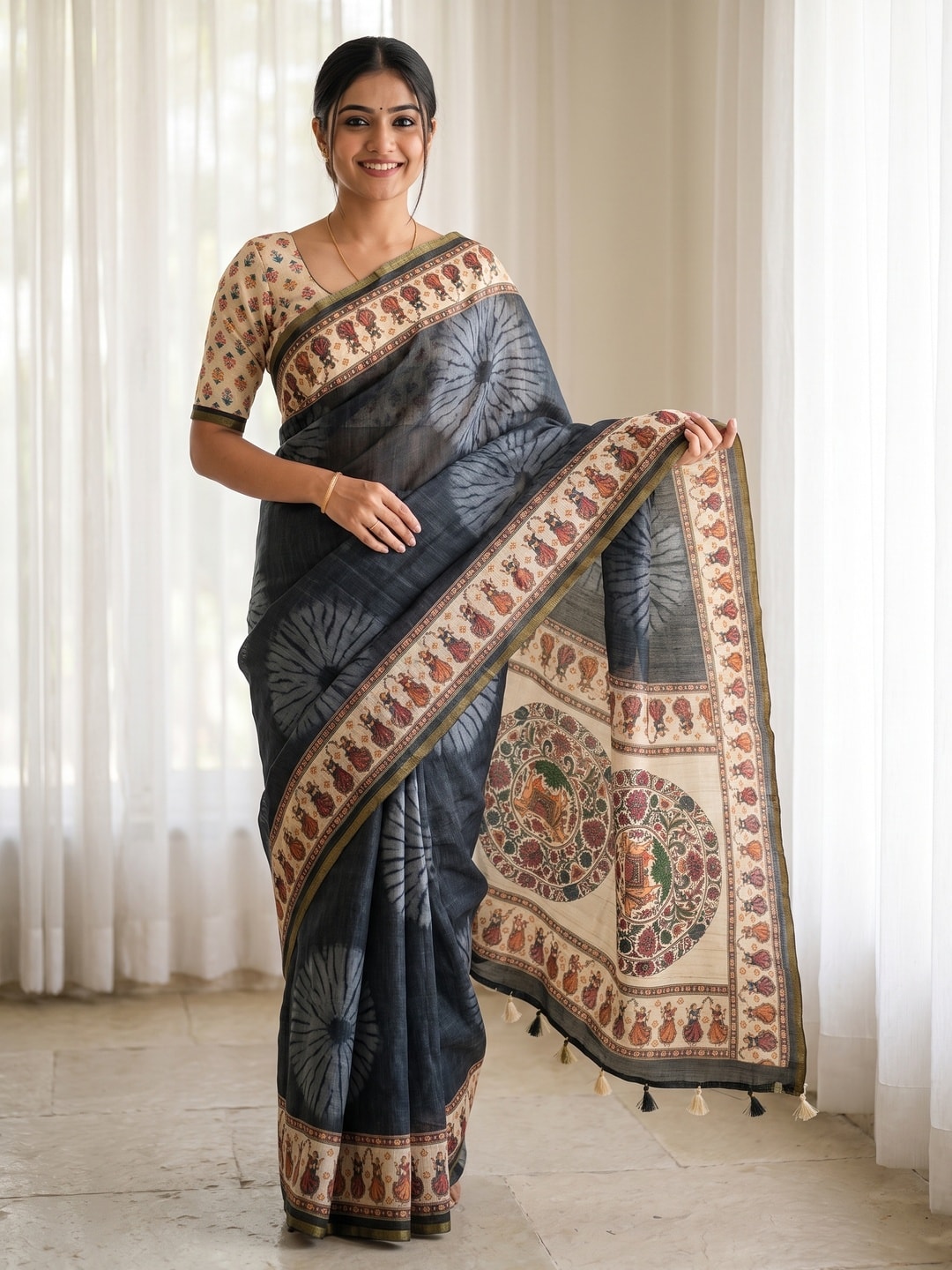 Peachmode Charcoal Grey Tie Dye Printed Linen Saree With Zari Border - Image 1