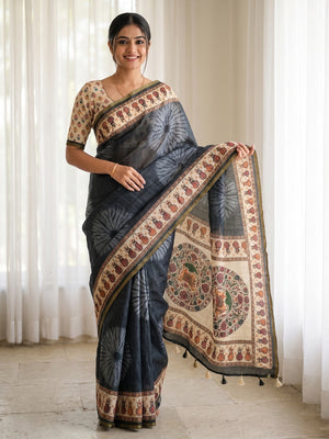 Peachmode Charcoal Grey Tie Dye Printed Linen Saree With Zari Border - Image 1