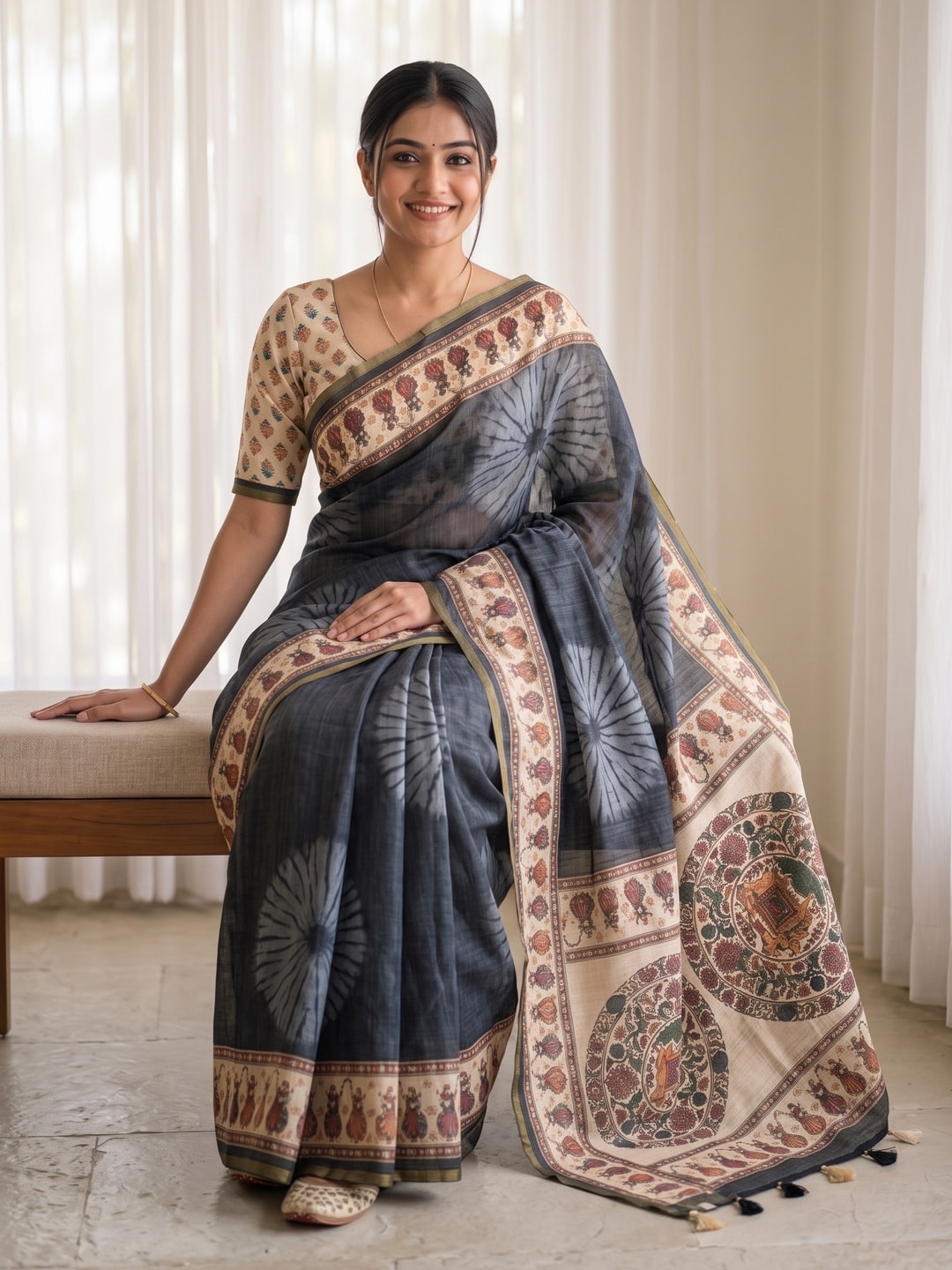 Peachmode Charcoal Grey Tie Dye Printed Linen Saree With Zari Border - Image 3
